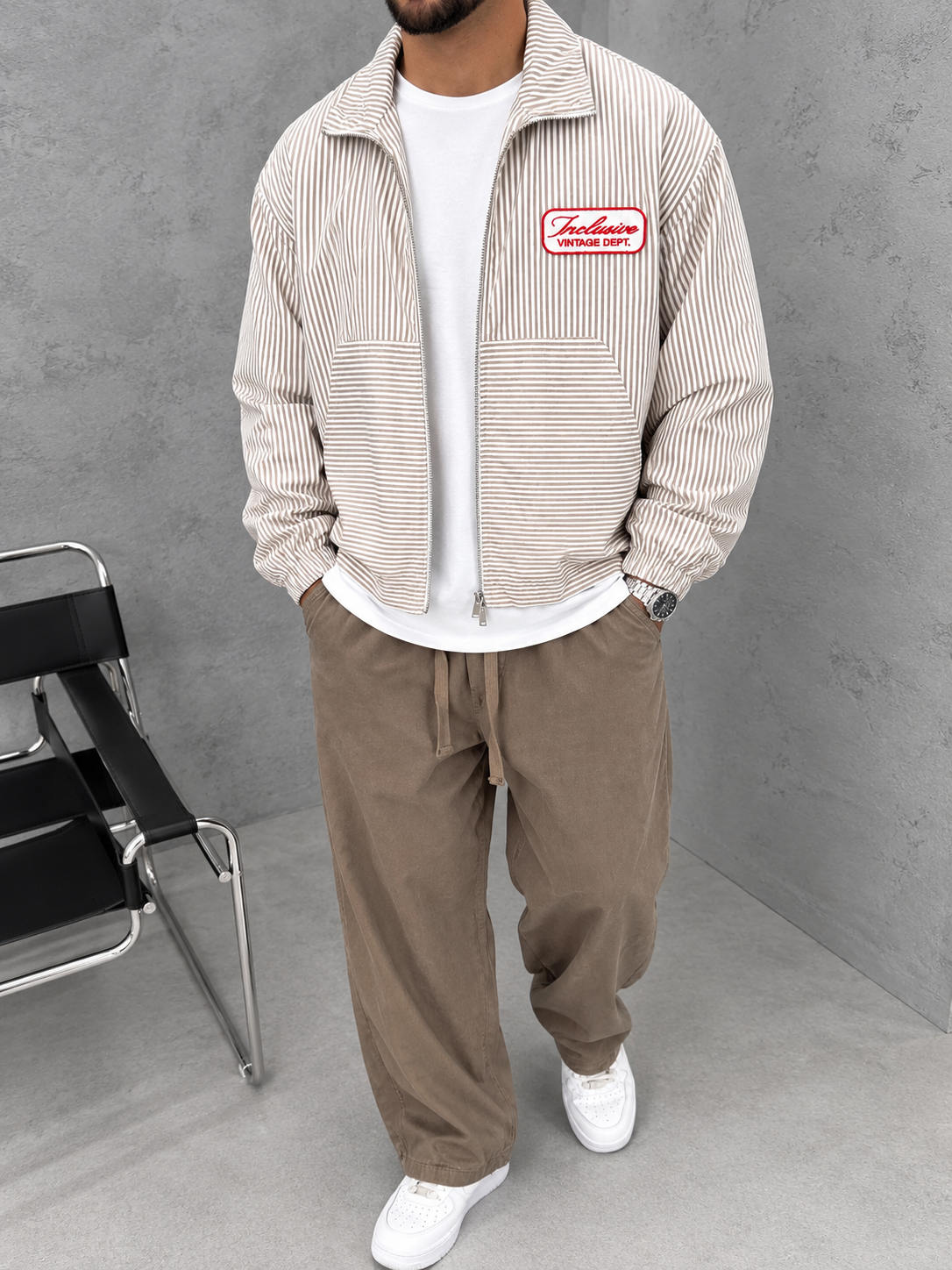 Veste Homme Rayée Beige et Blanche – Coupe Oversize