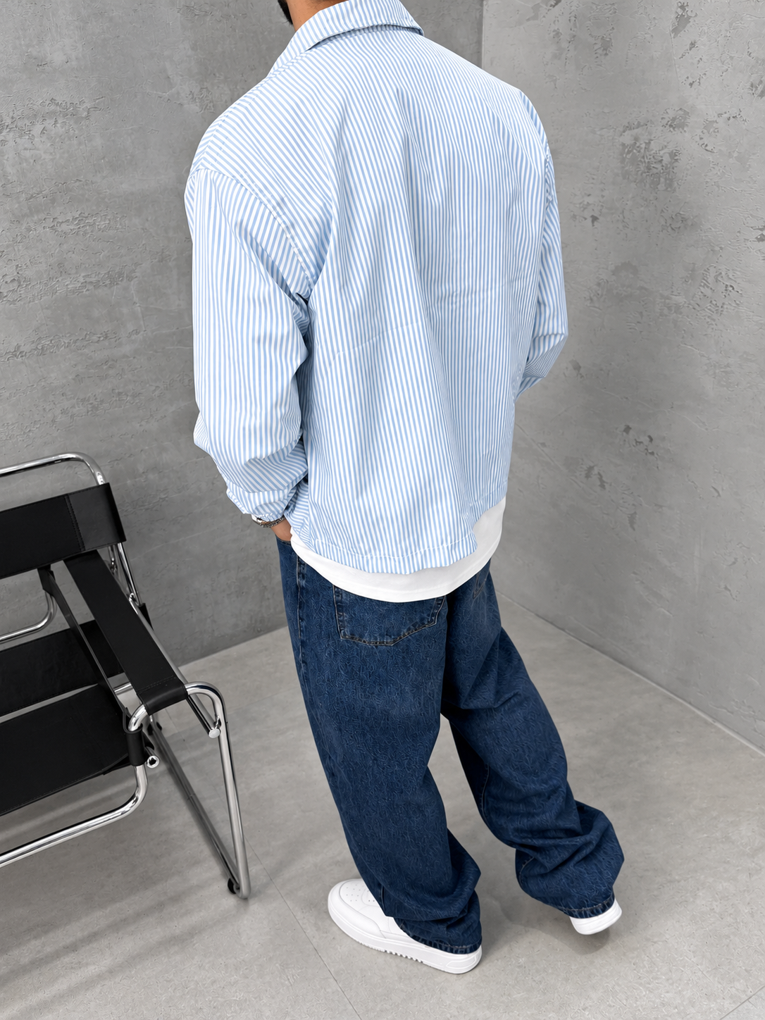 Veste Homme Rayée Bleu Ciel & Blanche – Coupe Oversize