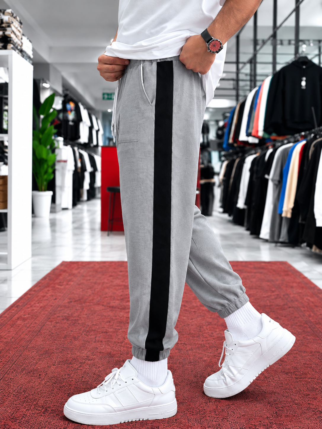 Pantalon homme – Noir & bande grise