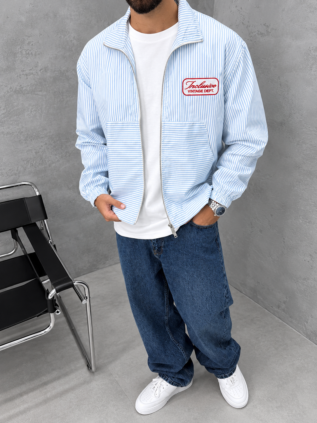 Veste Homme Rayée Bleu Ciel & Blanche – Coupe Oversize