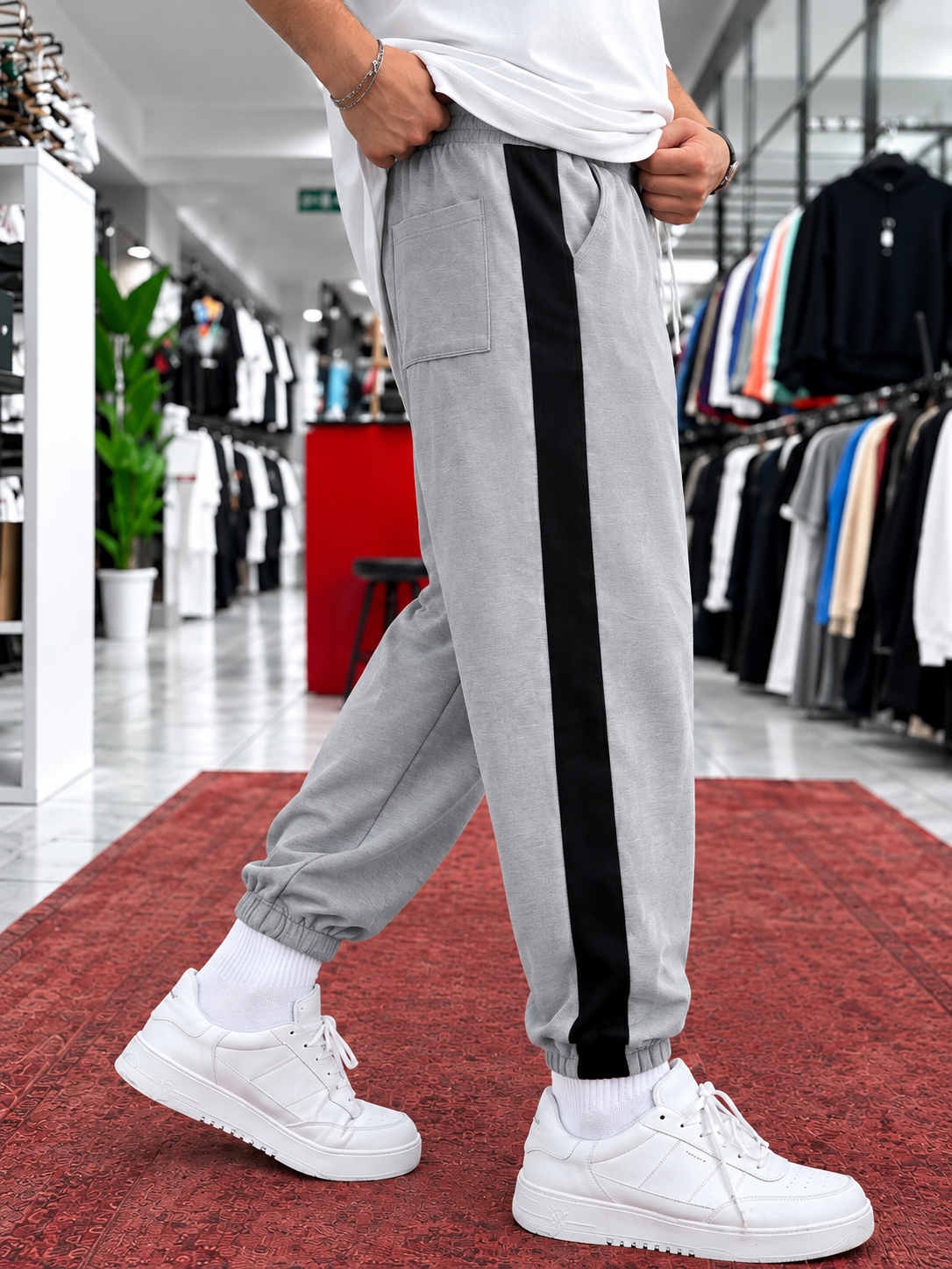 Pantalon homme – Noir & bande grise